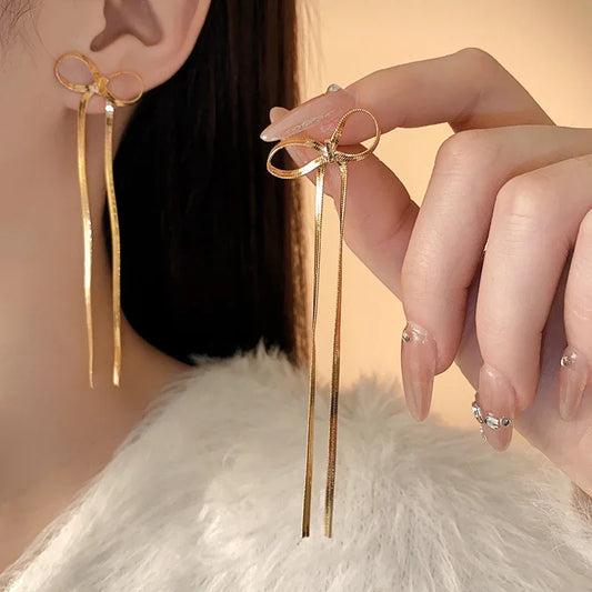 Wholesale 18K Gold-Plated Stainless Steel Bow Earrings – Non-Tarnish Herringbone Ribbon Design, Hypoallergenic Jewelry