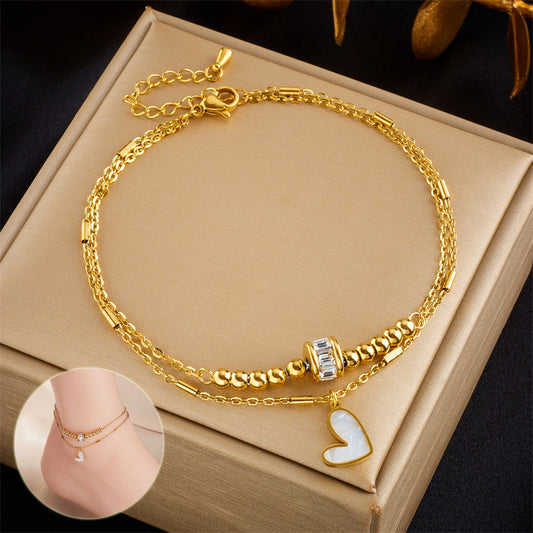 Boho Fashion Jewelry – Double Layer Heart Anklet with Charm Tassel | Women's Classic Ankle Chain Bracelet for Parties and Everyday Wear